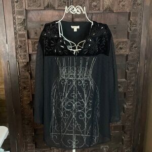 Style & Co. Black velvet and sheer hobnob  top intricate cut outs size XL